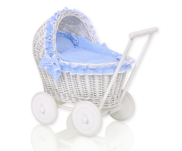 Wicker doll pushchair white with blue bedding and soft padding