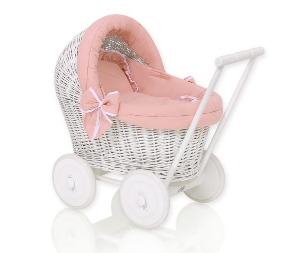 Wicker doll pushchair white with bedding and soft padding pastel pink