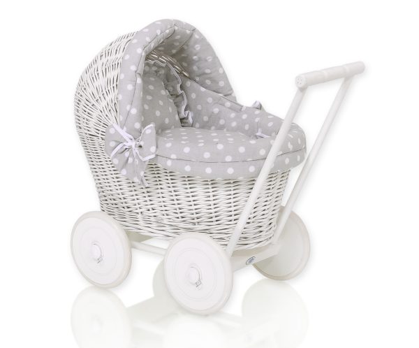 Wicker doll pushchair white with grey bedding and soft padding