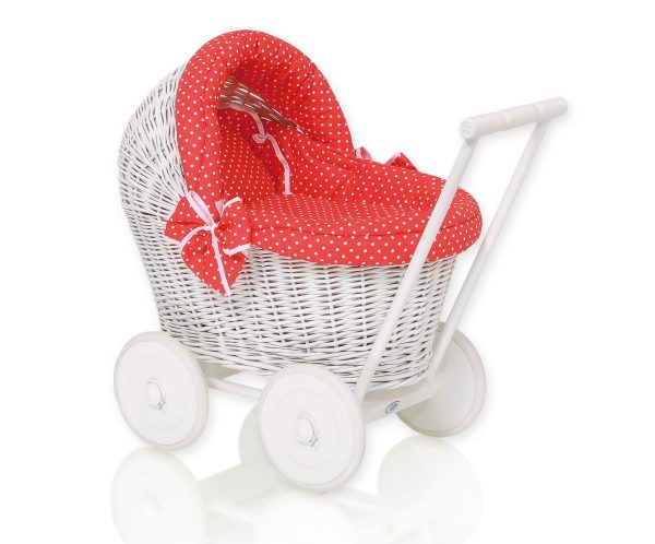 Wicker doll pushchair white with red bedding and soft padding