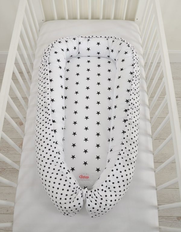 Baby nest double-sided Premium Cocoon for infants BOBONO- black stars/ dots - Image 3