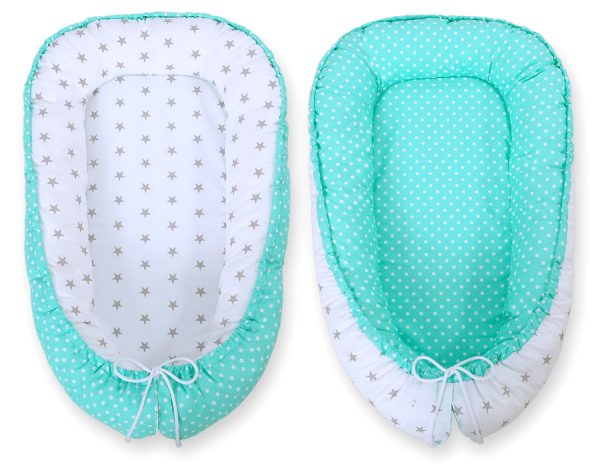 Baby nest double-sided Premium Cocoon for infants BOBONO- grey stars/ dots on mint - Image 3