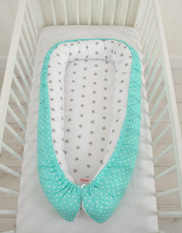 Baby nest double-sided Premium Cocoon for infants BOBONO- grey stars/ dots on mint - Image 4