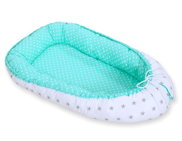 Baby nest double-sided Premium Cocoon for infants BOBONO- grey stars/ dots on mint - Image 5