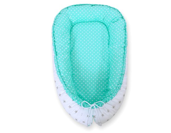 Baby nest double-sided Premium Cocoon for infants BOBONO- grey stars/ dots on mint - Image 6