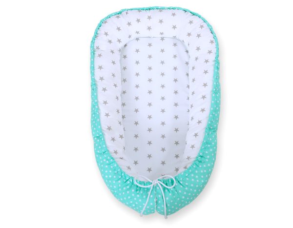Baby nest double-sided Premium Cocoon for infants BOBONO- grey stars/ dots on mint - Image 7