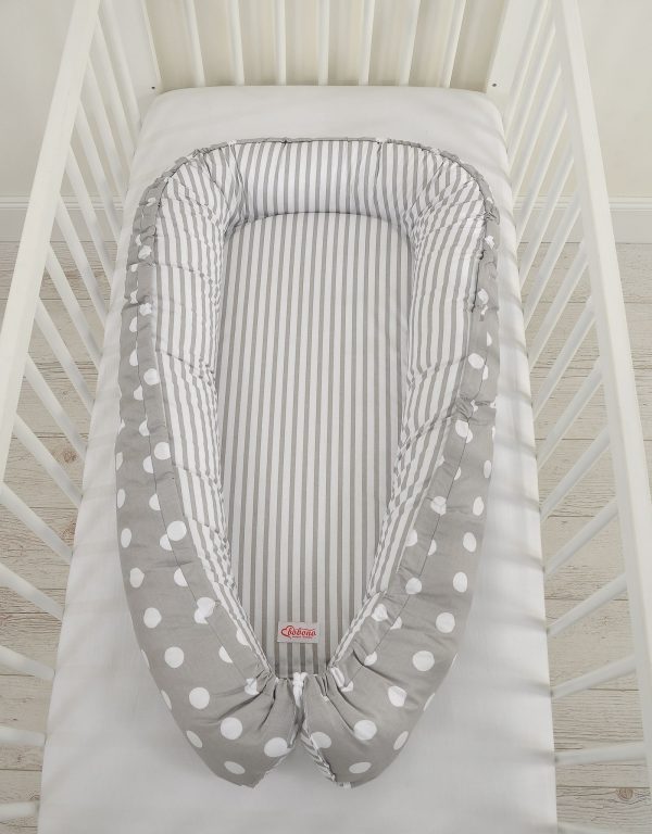 Baby nest double-sided Premium Cocoon for infants BOBONO- dots on grey/ grey strips - Image 2