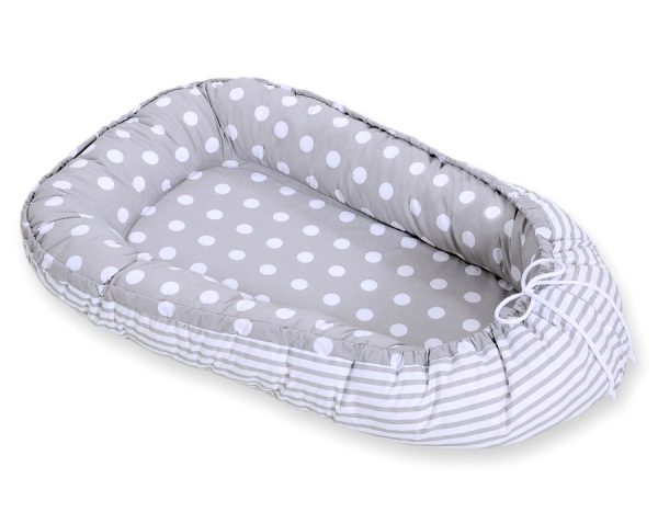 Baby nest double-sided Premium Cocoon for infants BOBONO- dots on grey/ grey strips - Image 3