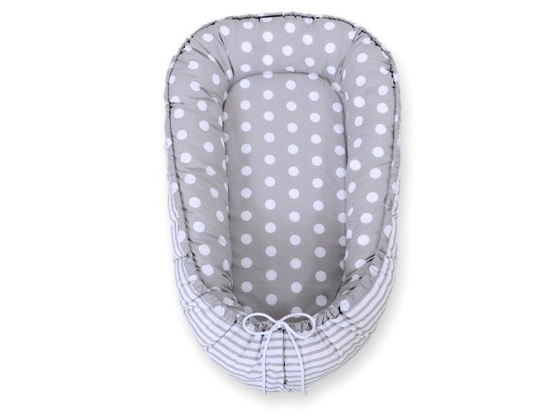 Baby nest double-sided Premium Cocoon for infants BOBONO- dots on grey/ grey strips - Image 4