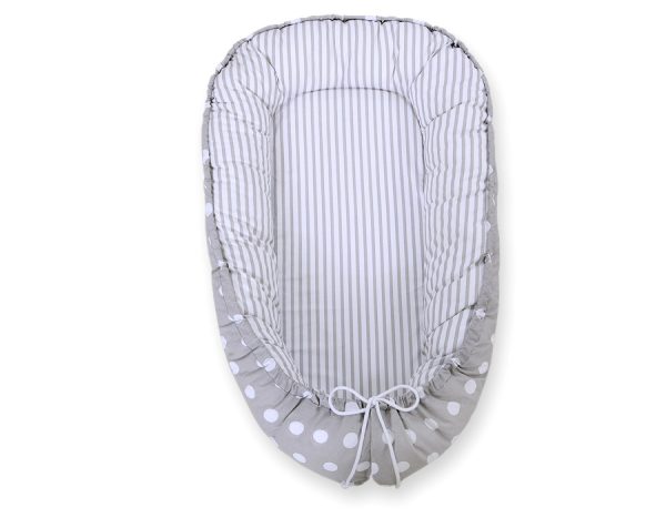 Baby nest double-sided Premium Cocoon for infants BOBONO- dots on grey/ grey strips - Image 5