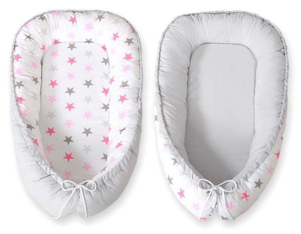 Baby nest double-sided Premium Cocoon for infants BOBONO- stars pink-grey/grey - Image 2
