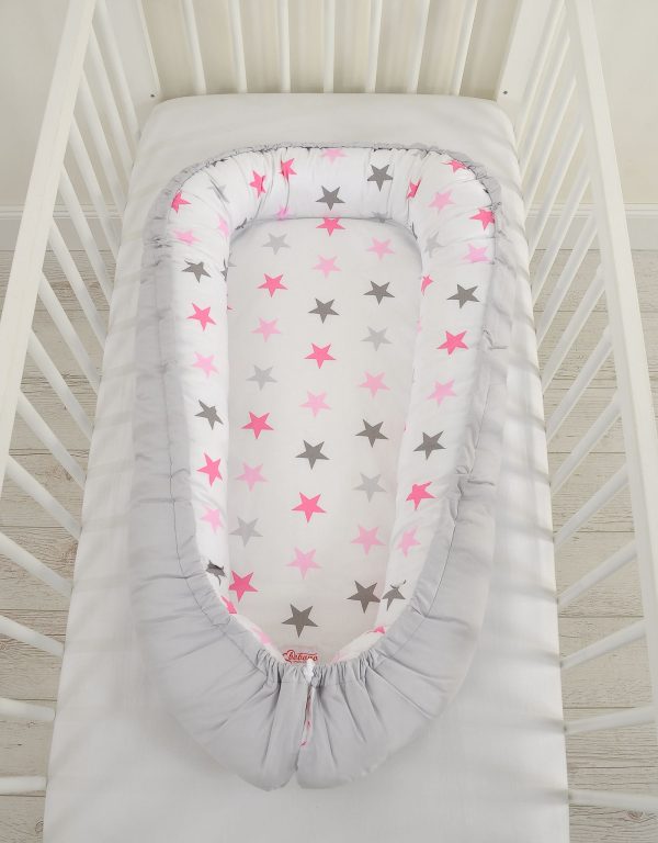 Baby nest double-sided Premium Cocoon for infants BOBONO- stars pink-grey/grey - Image 3