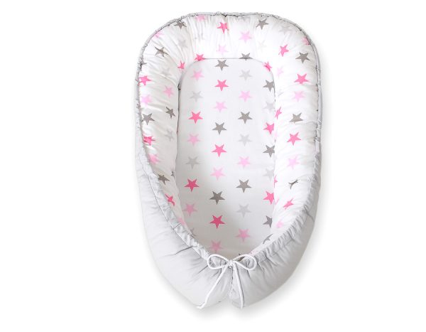 Baby nest double-sided Premium Cocoon for infants BOBONO- stars pink-grey/grey - Image 4
