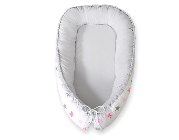 Baby nest double-sided Premium Cocoon for infants BOBONO- stars pink-grey/grey - Image 5