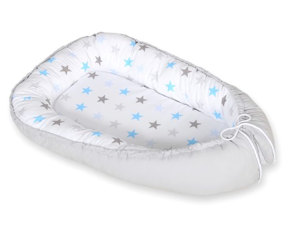 Baby nest double-sided Premium Cocoon for infants BOBONO- stars blue-grey/grey - Image 3