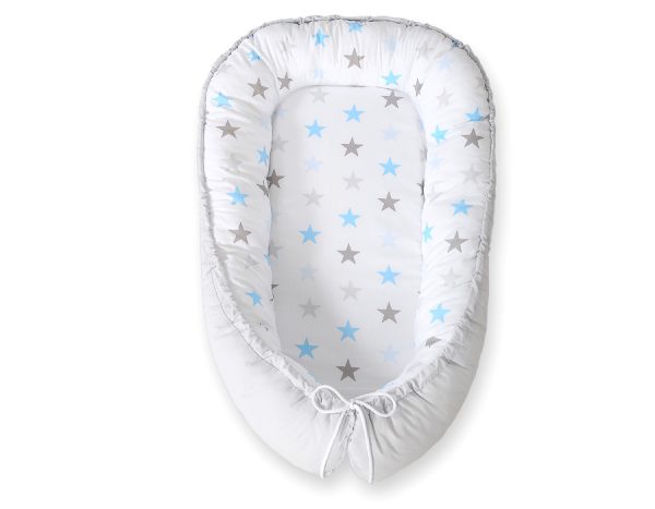 Baby nest double-sided Premium Cocoon for infants BOBONO- stars blue-grey/grey - Image 4