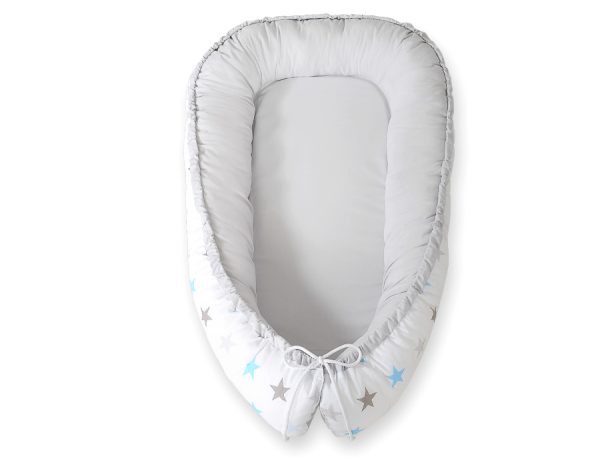 Baby nest double-sided Premium Cocoon for infants BOBONO- stars blue-grey/grey - Image 5