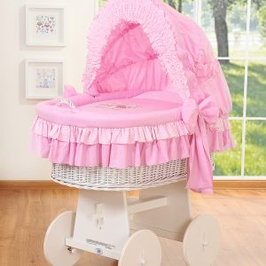 Moses Basket/Wicker crib with hood- Bear with bow pink