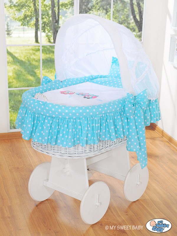 Moses Basket/Wicker hood crib- Owls turquoise