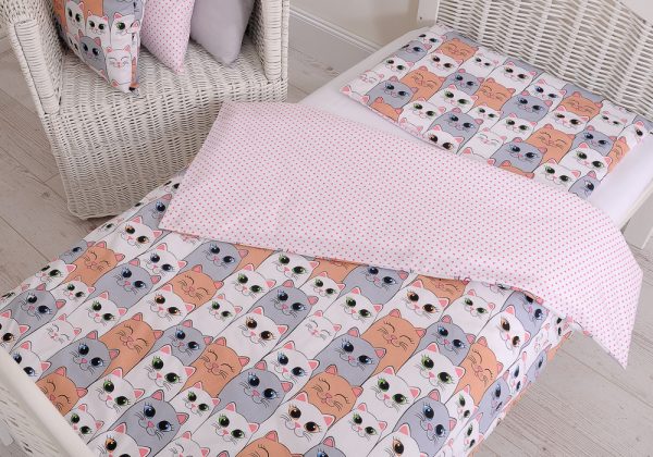 Baby cotton bedding set 2-pcs 140x200 Junior - gray-pink cats - Image 4