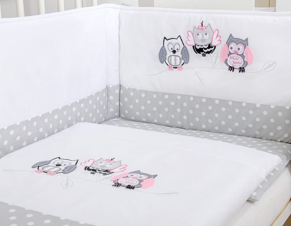 Baby bedding set 120x90 cm with bumper 3-pcs Grey Owls with grey and pink embroidery - Image 3