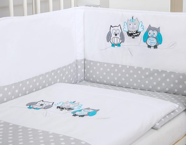 Baby bedding set 135x100 cm with bumper 3-pcs Grey Owls with grey and turquoise embroidery - Image 3