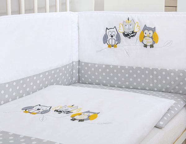 Baby bedding set 135x100 cm with bumper 3-pcs Grey owls with grey and yellow embroidery - Image 3