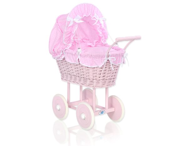 Wicker dolls' pram with pink bedding and padding - pink
