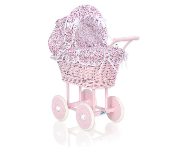 Wicker dolls' pram with pink bedding and padding - pink