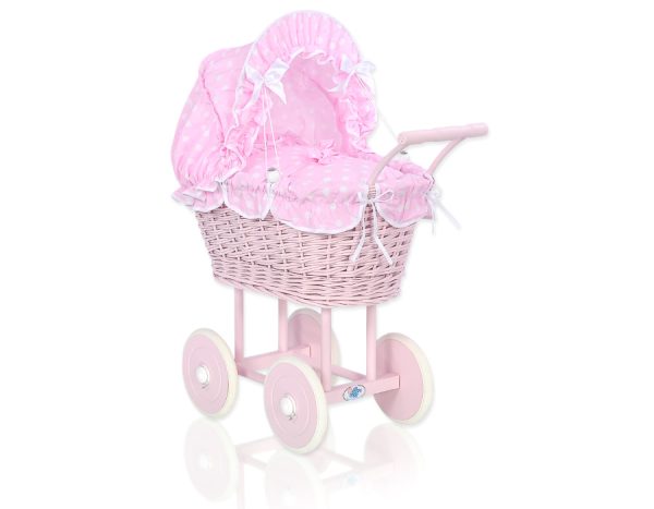 Wicker dolls' pram with pink bedding and padding - pink