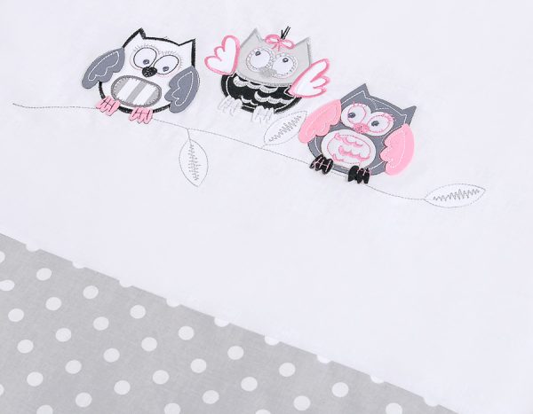 Baby bedding set 120x90 cm with bumper 3-pcs Grey Owls with grey and pink embroidery - Image 4