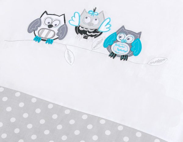 Baby bedding set 135x100 cm with bumper 3-pcs Grey Owls with grey and turquoise embroidery - Image 4