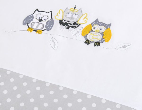 Baby bedding set 135x100 cm with bumper 3-pcs Grey owls with grey and yellow embroidery - Image 4