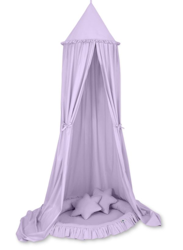 Set: Hanging baldachin for children's room cotton + nest with flounce + pillows - lila