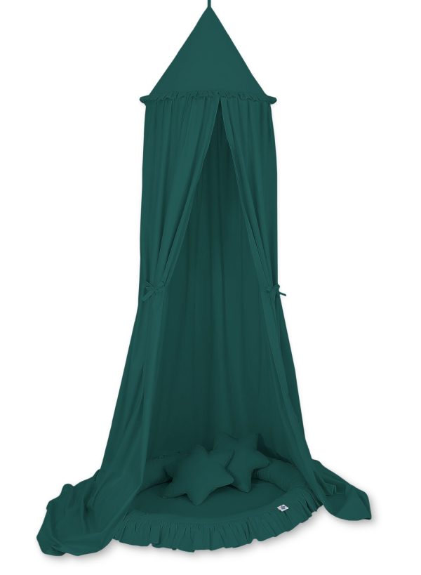 Set: Hanging baldachin for children's room cotton + nest with flounce + pillows - bottle green