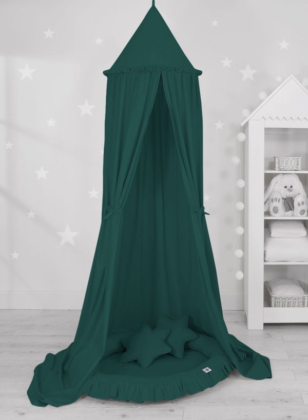 Set: Hanging baldachin for children's room cotton + nest with flounce + pillows - bottle green - Image 2