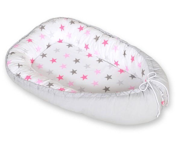 Baby nest double-sided Premium Cocoon for infants BOBONO- stars pink-grey/grey - Image 6