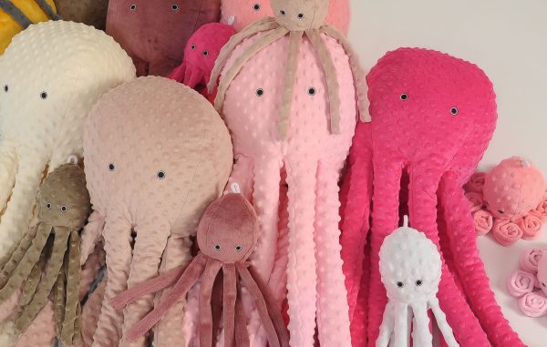 Cuddly octopus with rattle - white -polka dot minky - Image 3