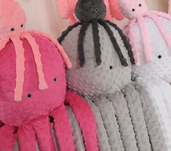 Cuddly octopus with rattle - coral - polka dot minky - Image 3