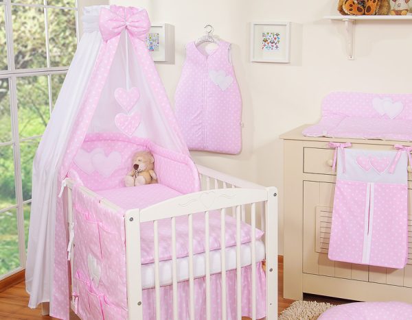 Bedding set 5-pcs with canopy- Hanging Hearts white dots on pink - Image 3