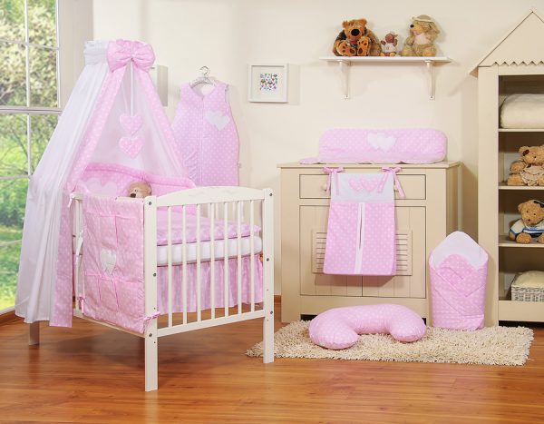 Bedding set 5-pcs with canopy- Hanging Hearts white dots on pink - Image 5