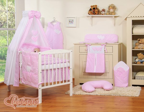 Bedding set 5-pcs with canopy- Hanging Hearts white dots on pink - Image 6