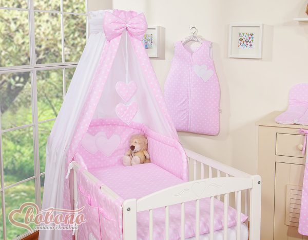Bedding set 5-pcs with canopy- Hanging Hearts white dots on pink - Image 7