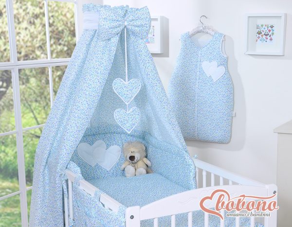 Bedding set 5-pcs with canopy- Hanging Hearts little blue flowers - Image 2