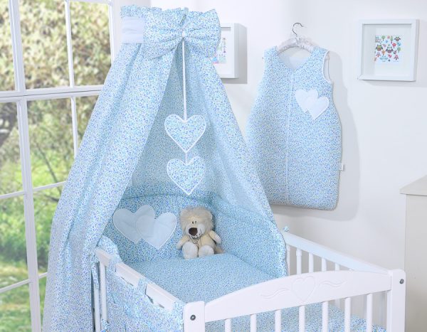 Bedding set 5-pcs with canopy- Hanging Hearts little blue flowers - Image 4