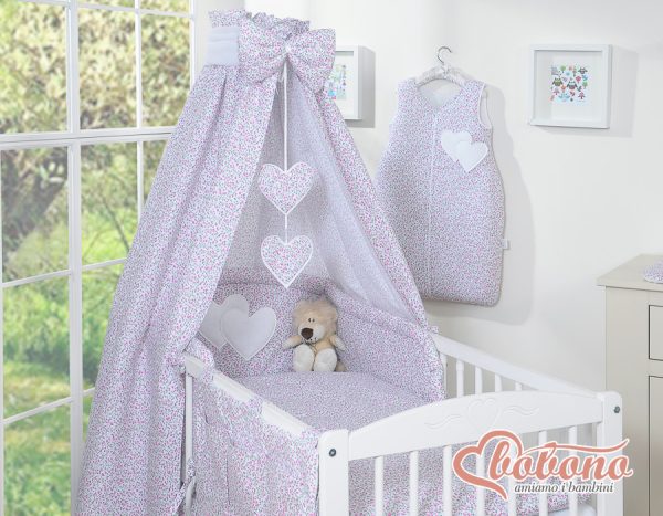 Bedding set 5-pcs with canopy- Hanging Hearts little pink flowers - Image 2