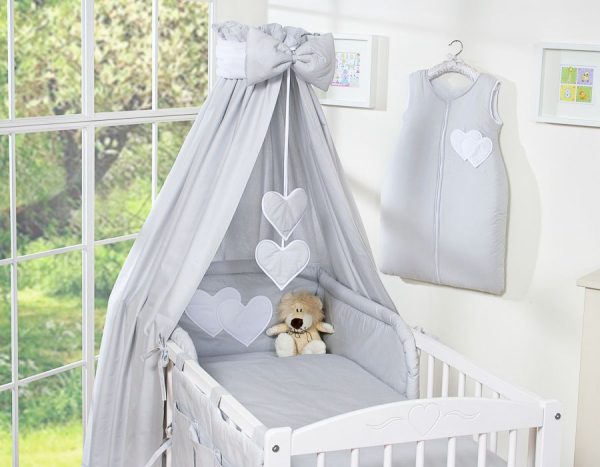 Bedding set 5-pcs with canopy- Hanging Hearts grey