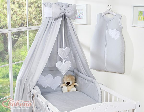 Bedding set 5-pcs with canopy- Hanging Hearts grey - Image 4