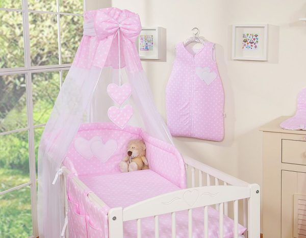 Bedding set 5-pcs with canopy- Hanging Hearts white dots on pink - Image 9