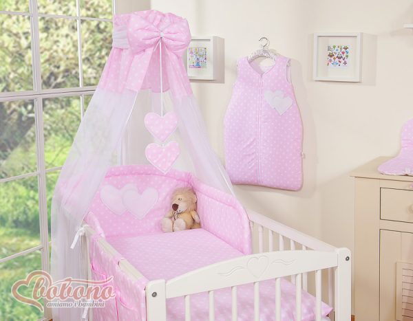 Bedding set 5-pcs with canopy- Hanging Hearts white dots on pink - Image 10